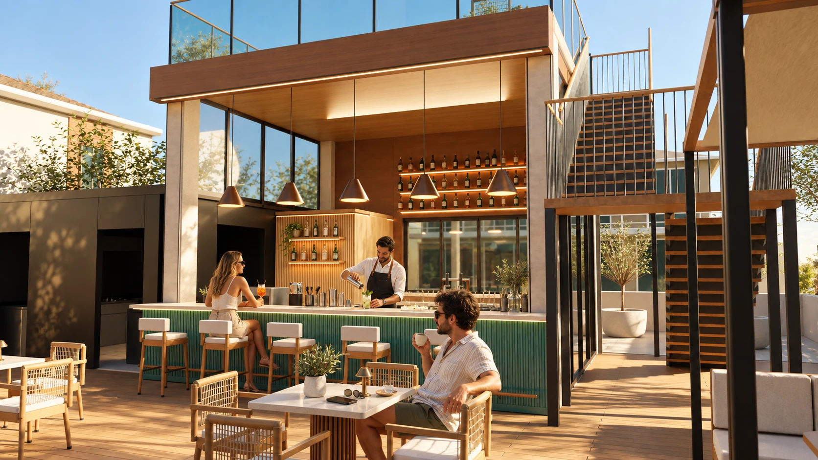 Beach Cafe projesinin ahşap ve cam cepheli bar görünümü